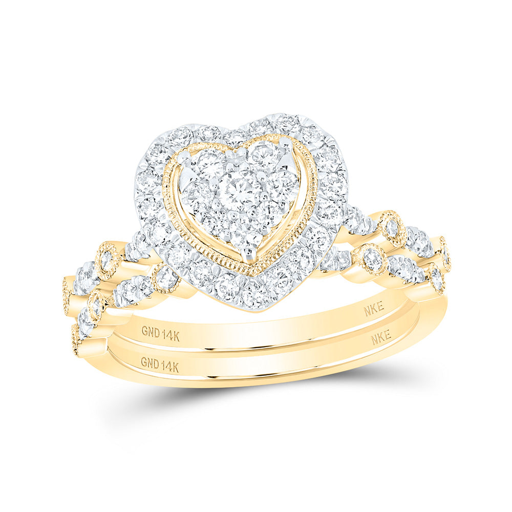 14K White Or Yellow Gold Round Diamond Heart Bridal Wedding Ring Band Set , Womens Size: 5-10