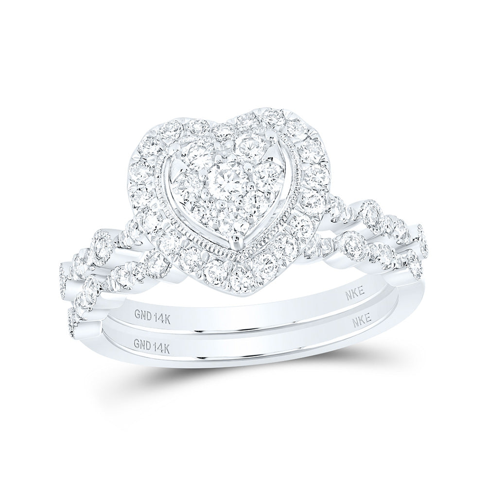 14K White Or Yellow Gold Round Diamond Heart Bridal Wedding Ring Band Set , Womens Size: 5-10