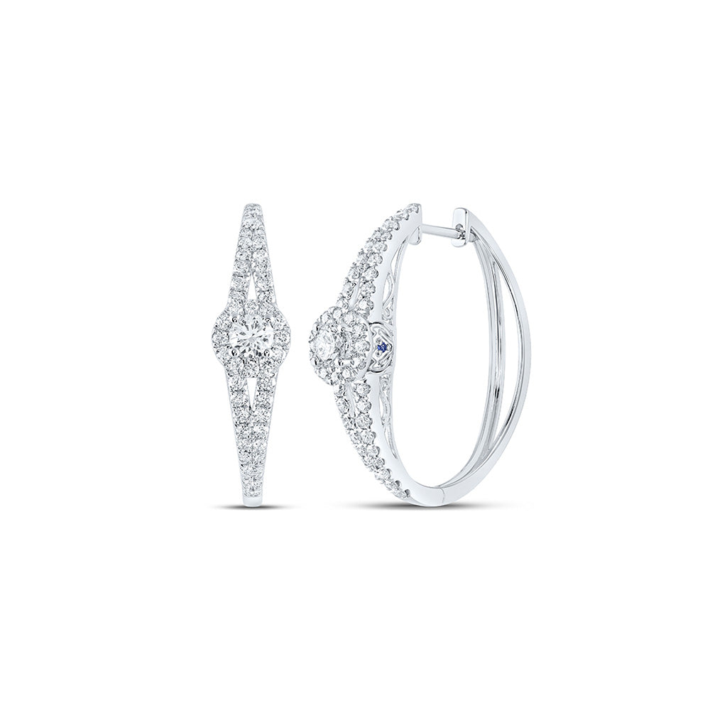 14K White Gold Womens Round Diamond Hoop Earrings 1-1/2 Cttw