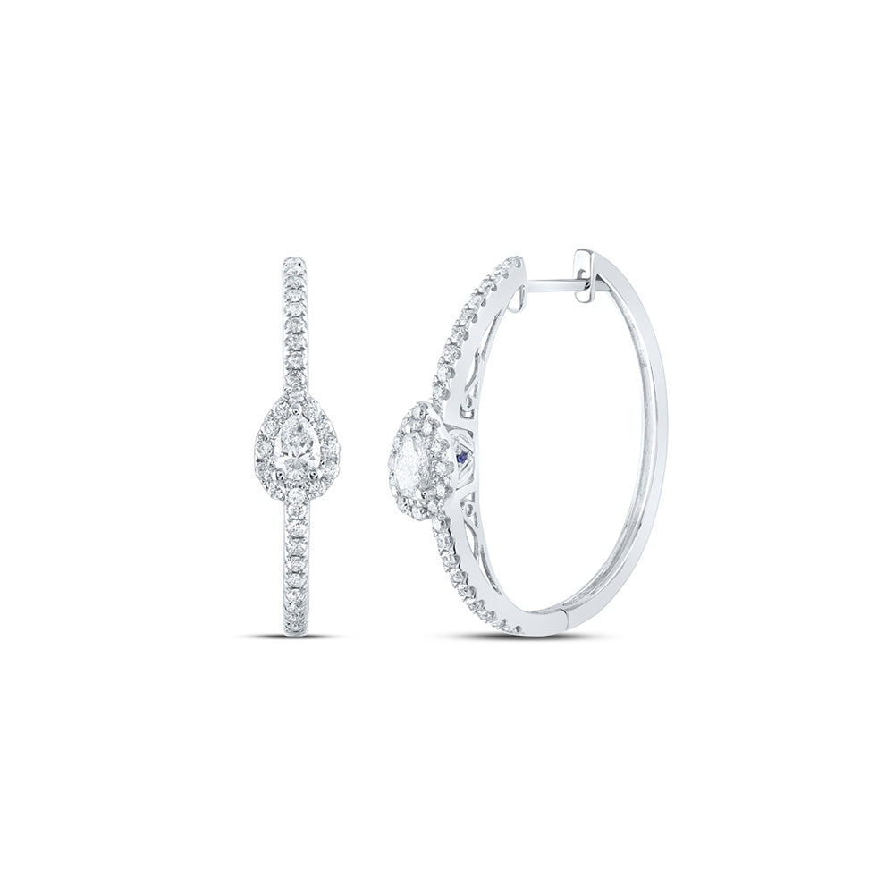 14K White Gold Womens Pear Diamond Hoop Earrings 1 Cttw