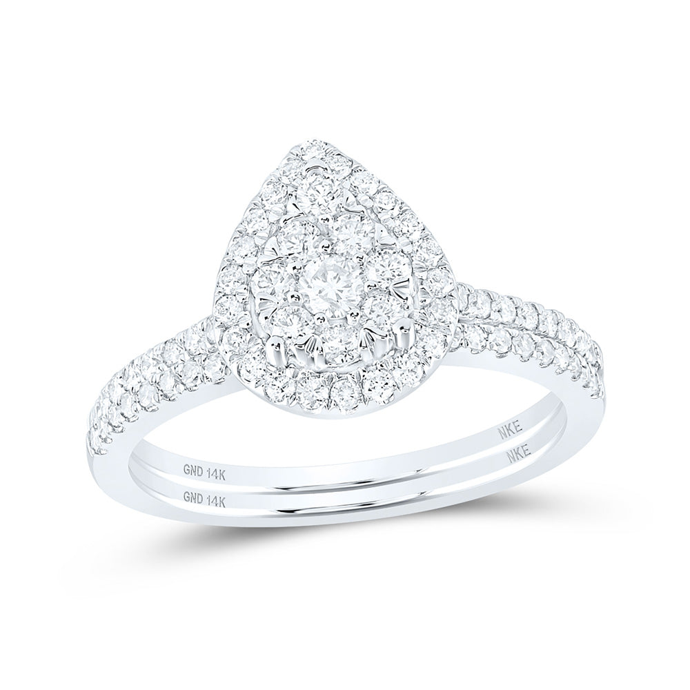 14K White Or Yellow Gold Round Diamond Slender Teardrop Bridal Wedding Ring Band Set , Womens Size: 5-10