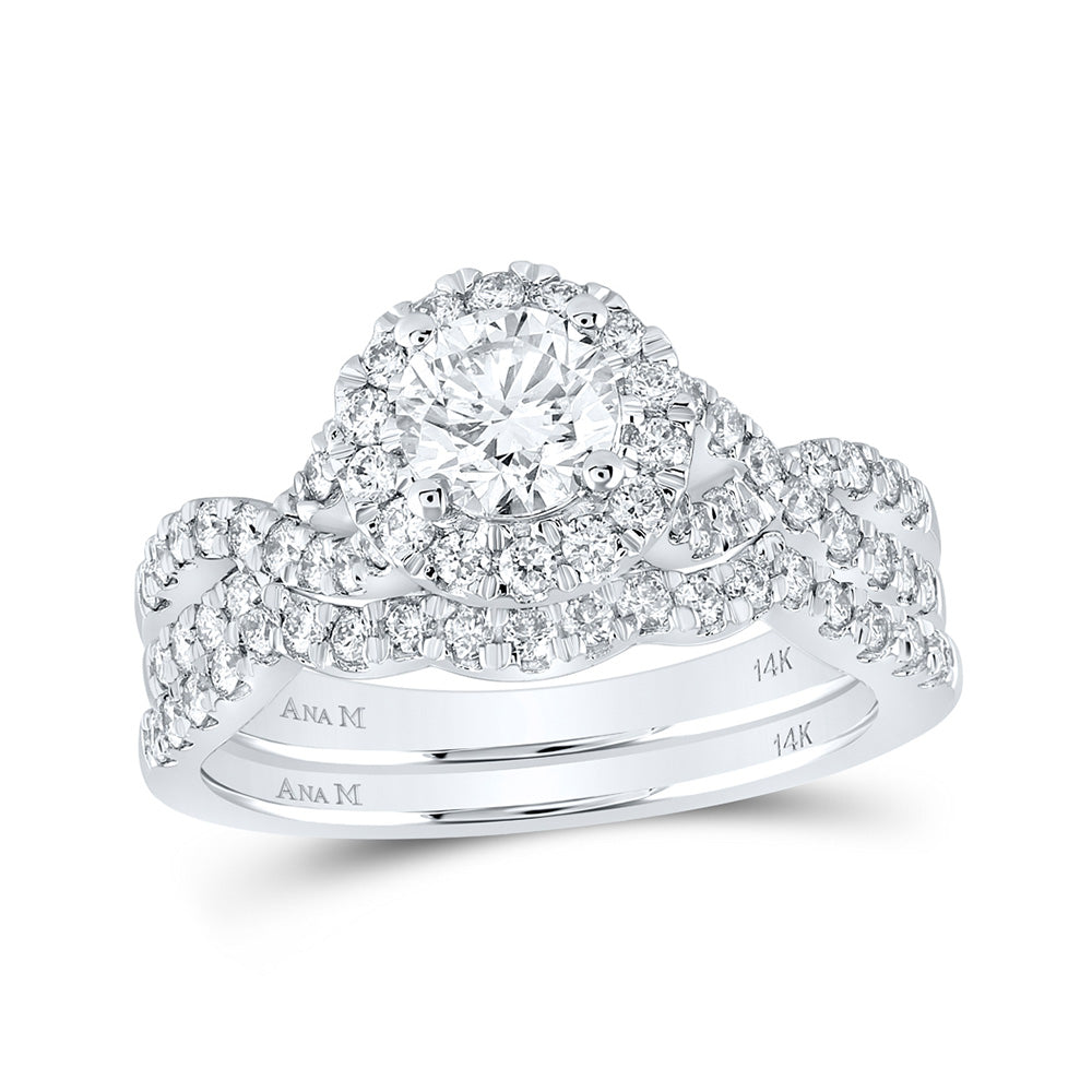 14K White Gold Round Diamond Halo Bridal Wedding Ring Band Set 1-1/2 Cttw, Womens Size: 5-10