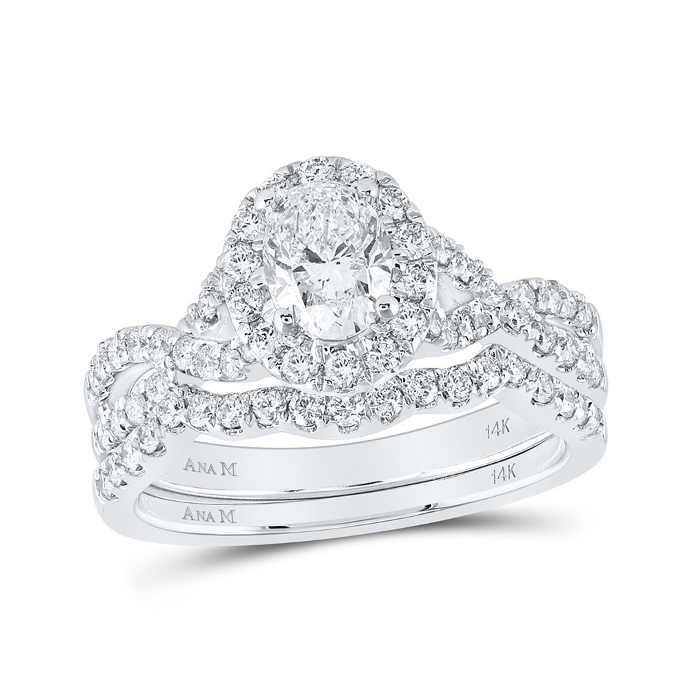 14K White Gold Oval Diamond Halo Bridal Wedding Ring Band Set 1-1/2 Cttw, Womens Size: 5-10