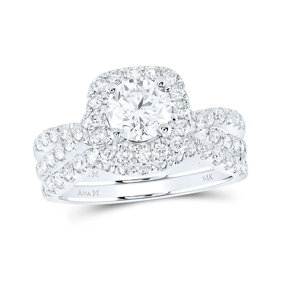 14K White Gold Round Diamond Halo Bridal Wedding Ring Band Set 2 Cttw, Womens Size: 5-10