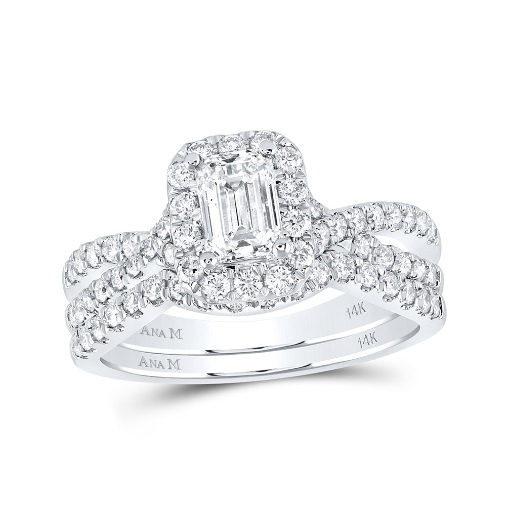 14K White Gold Emerald Diamond Halo Bridal Wedding Ring Band Set 1-1/2 Cttw, Womens Size: 5-10
