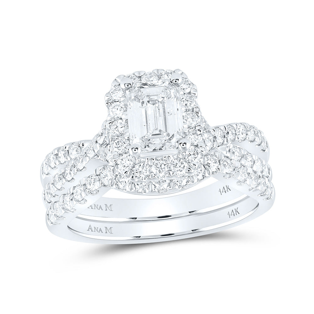 14K White Gold Emerald Diamond Halo Bridal Wedding Ring Band Set 2 Cttw, Womens Size: 5-10