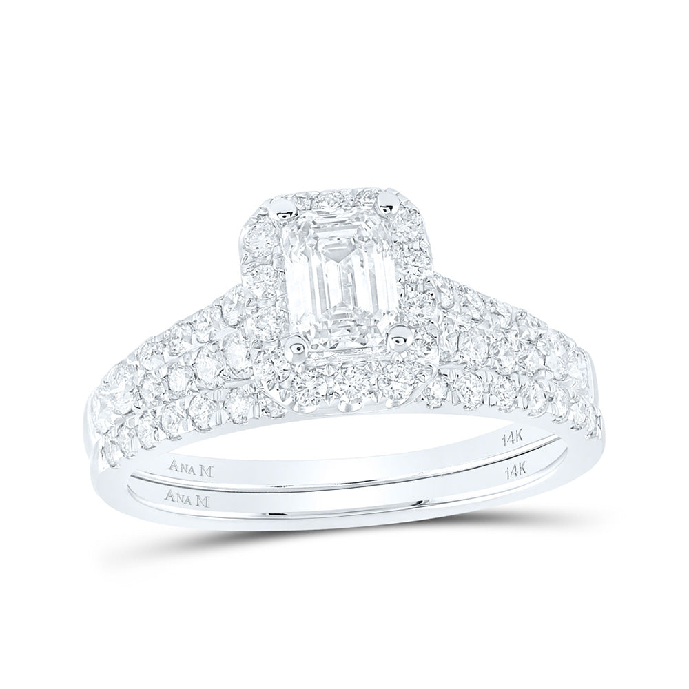 14K White Gold Emerald Diamond Halo Bridal Wedding Ring Band Set 1-1/2 Cttw, Womens Size: 5-10
