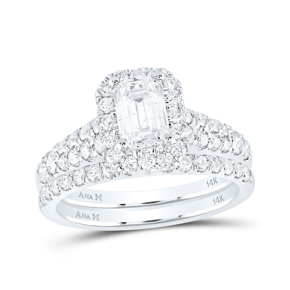 14K White Gold Emerald Diamond Halo Bridal Wedding Ring Band Set 2 Cttw, Womens Size: 5-10