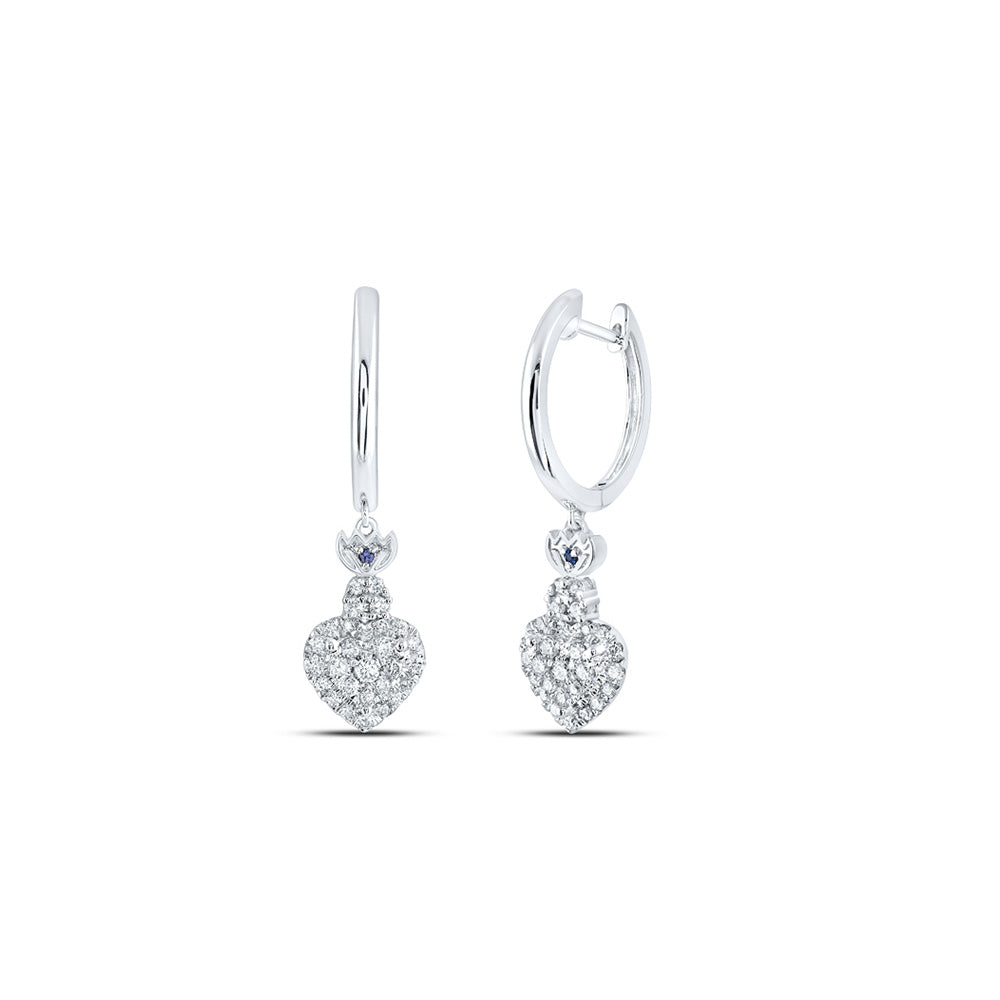14K White Gold Womens Round Diamond Heart Hoop Dangle Earrings 1/2 Cttw