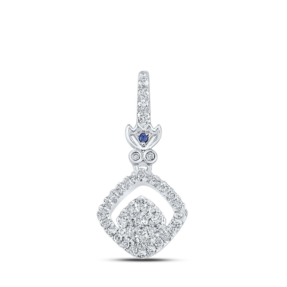 14K White Gold Womens Round Diamond Offset Square Pendant 1/4 Cttw