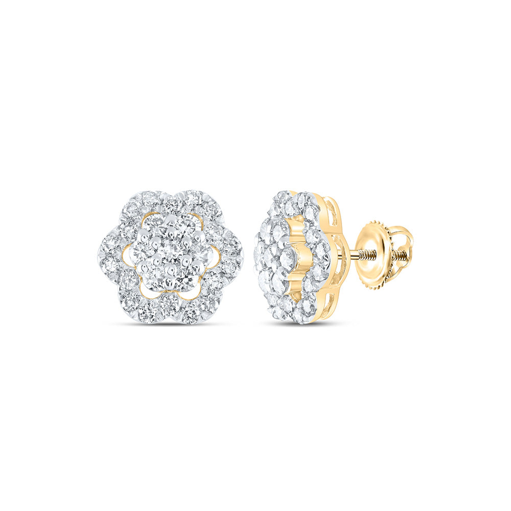 14K White Or Yellow Gold Womens Round Diamond Flower Cluster Earrings