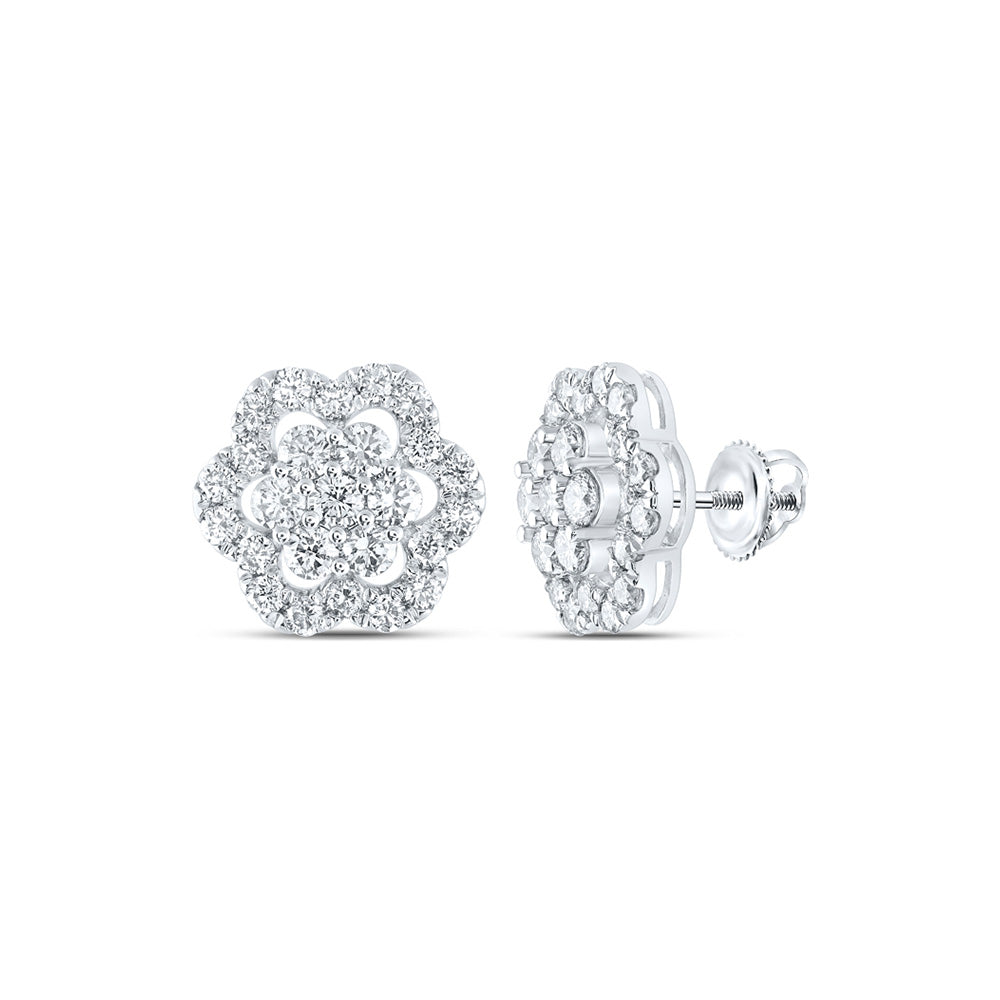14K White Or Yellow Gold Womens Round Diamond Flower Cluster Earrings