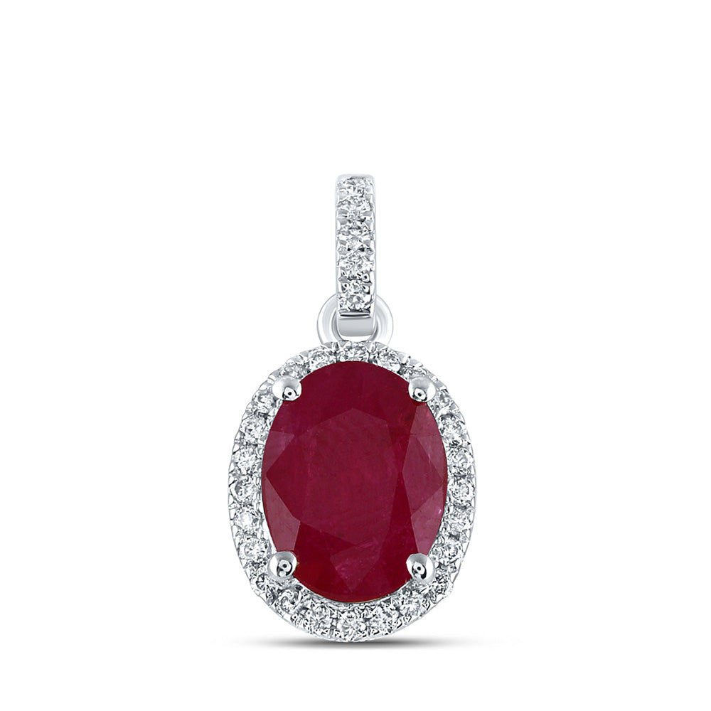 14K White Or Yellow Gold Womens Oval Ruby Solitaire Diamond Halo Pendant
