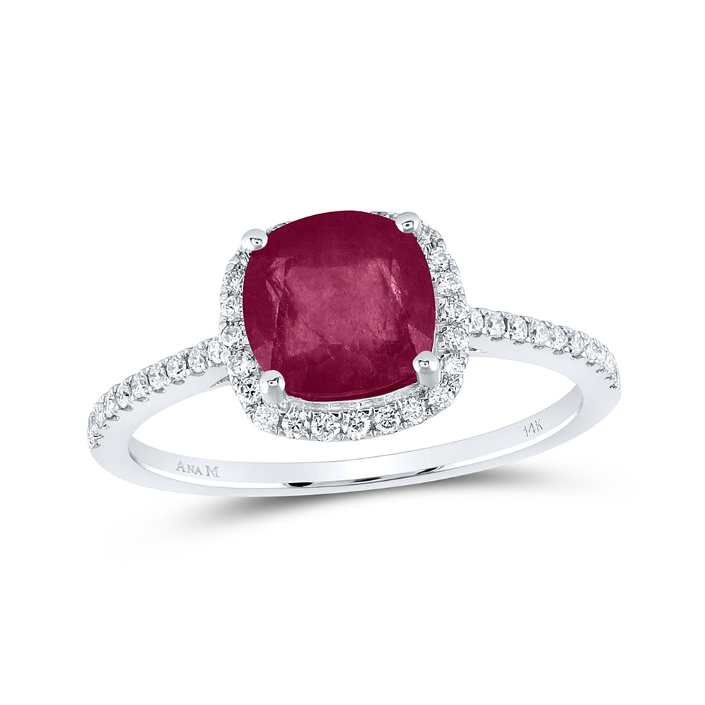 14K White Or Yellow Gold Womens Cushion Ruby Diamond Halo Ring, Womens Size: 5-10