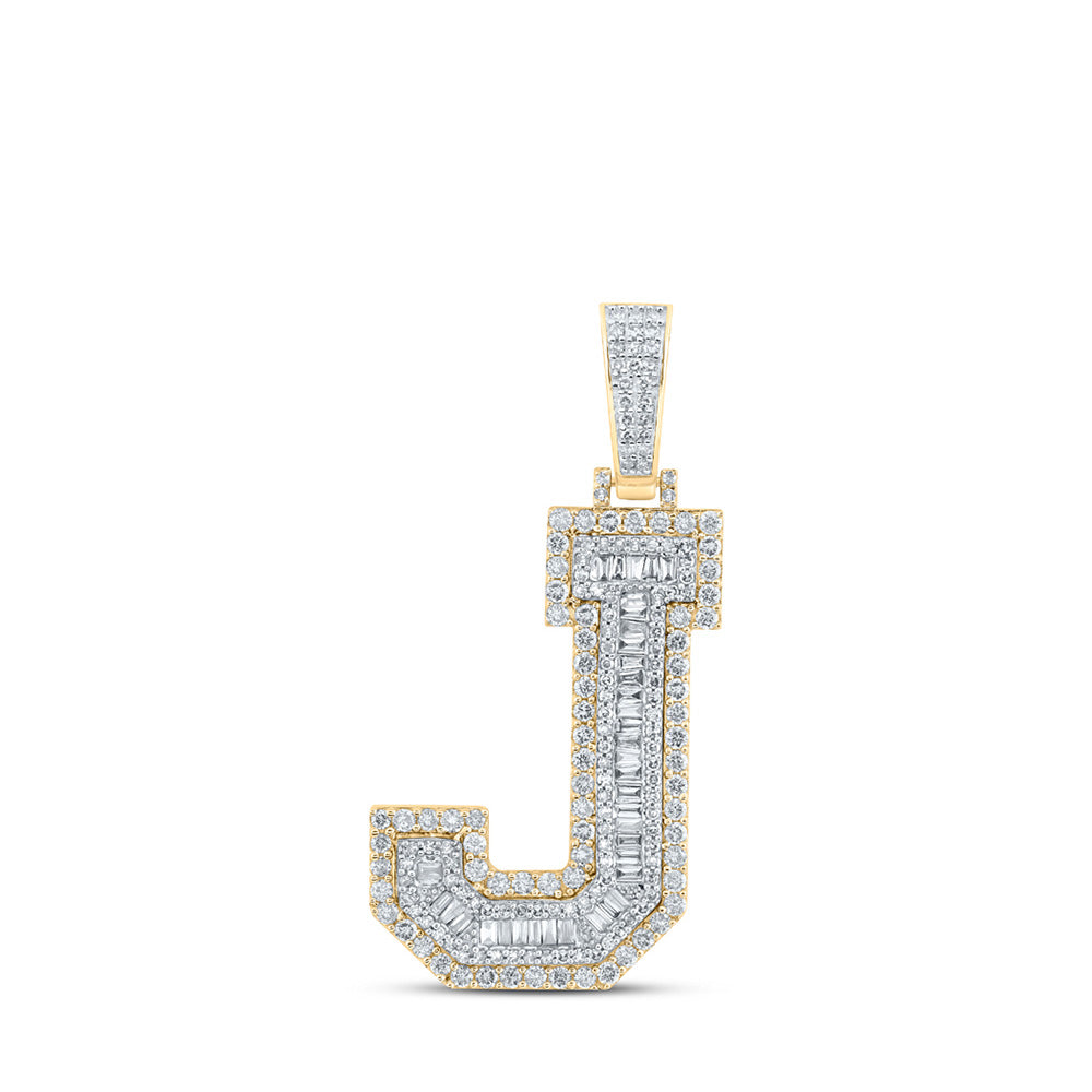 10K Yellow Gold Mens Baguette Diamond Initial Letter Charm Pendant