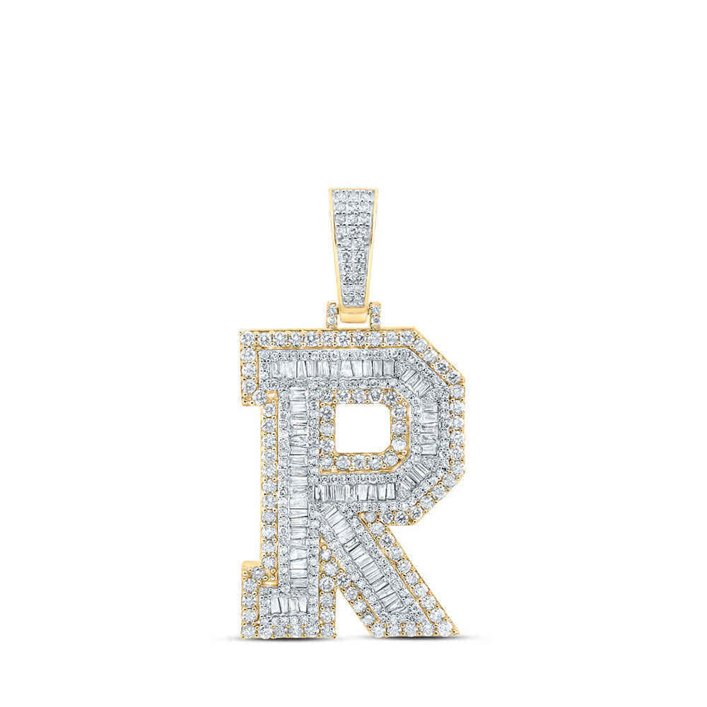 10K Yellow Gold Mens Baguette Diamond Initial Letter Charm Pendant