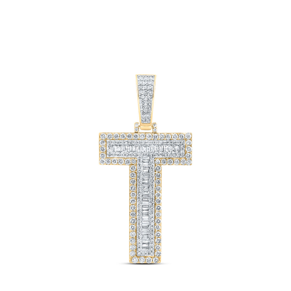 10K Yellow Gold Mens Baguette Diamond Initial Letter Charm Pendant