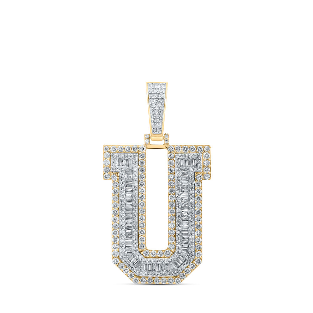 10K Yellow Gold Mens Baguette Diamond Initial Letter Charm Pendant