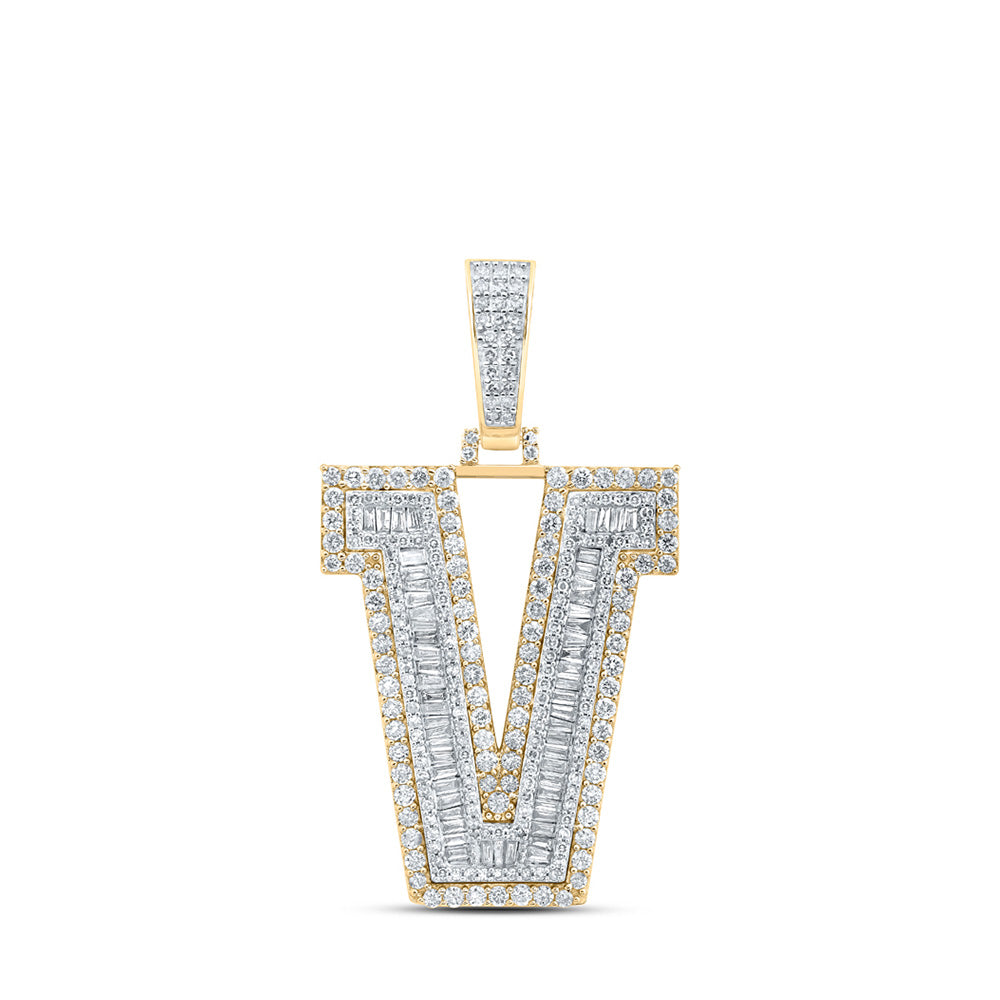 10K Yellow Gold Mens Baguette Diamond Initial Letter Charm Pendant