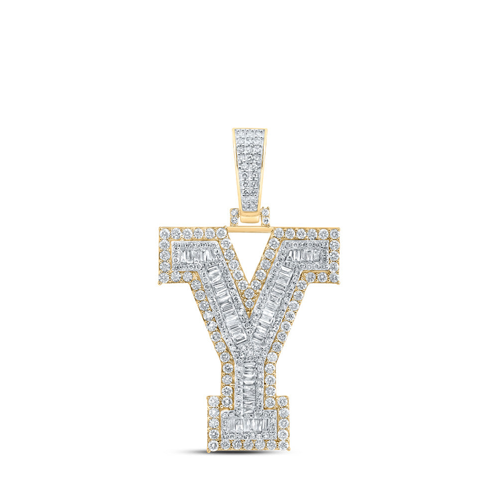 10K Yellow Gold Mens Baguette Diamond Initial Letter Charm Pendant