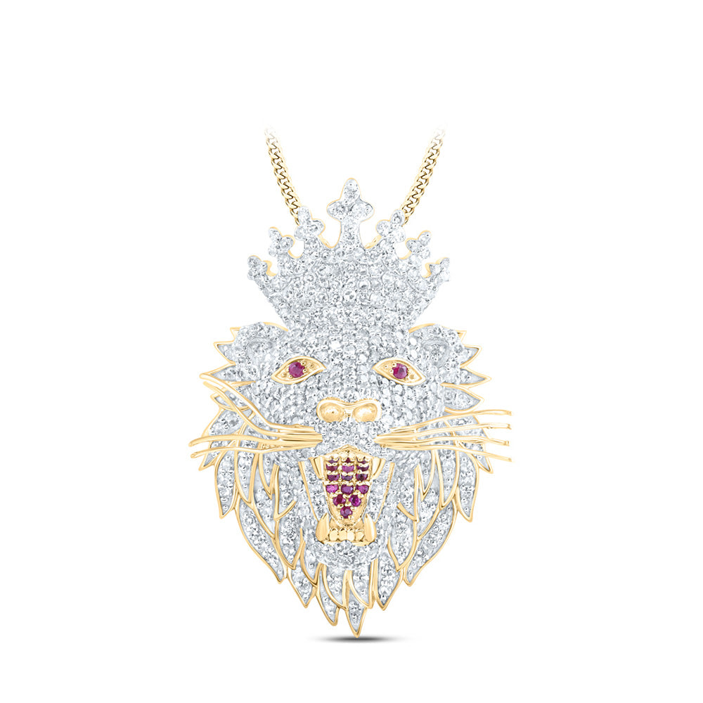 10K Yellow Gold Mens Round Diamond Lion Face Crown Charm Pendant 2 Cttw
