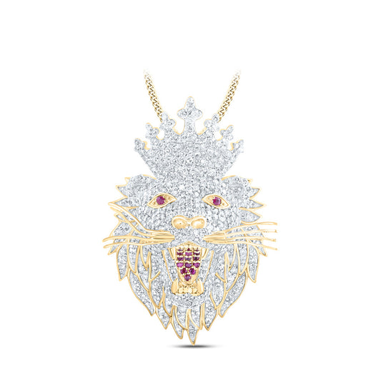10K Yellow Gold Mens Round Diamond Lion Face Crown Charm Pendant 2 Cttw