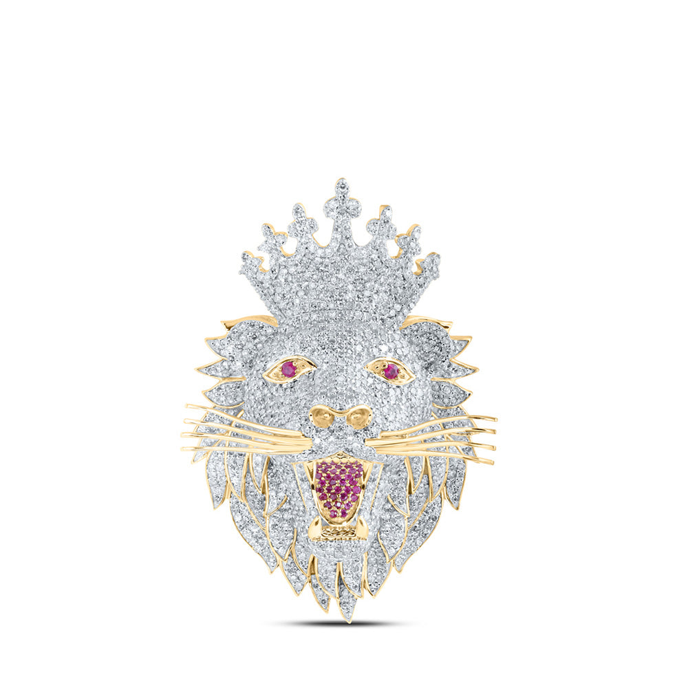 10K Yellow Gold Mens Round Diamond Lion Face Crown Charm Pendant 5-7/8 Cttw