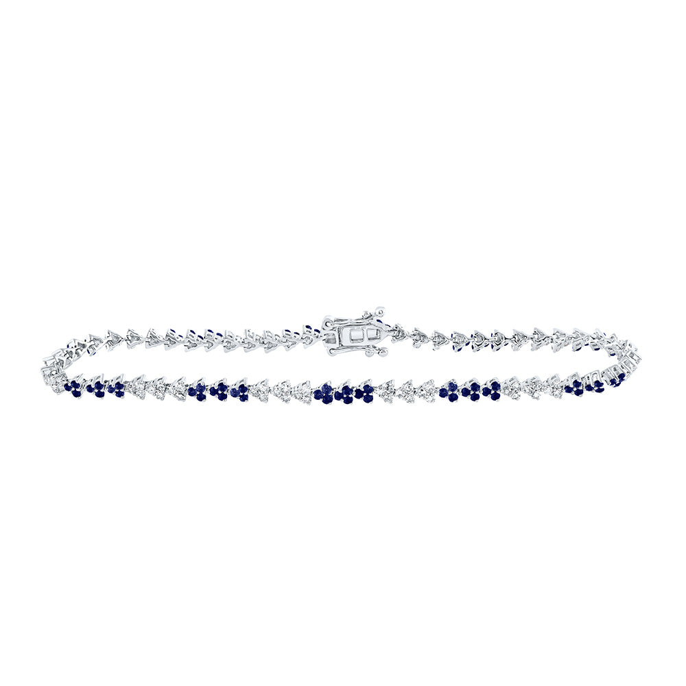 14K White Gold Womens Round Blue Sapphire Diamond Tennis Bracelet 1-3/4 Cttw