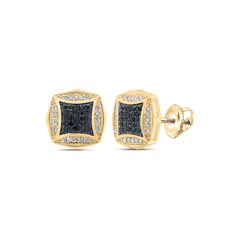 10K Yellow Gold Round Black Color Treated Diamond Square Earrings 1/4 Cttw