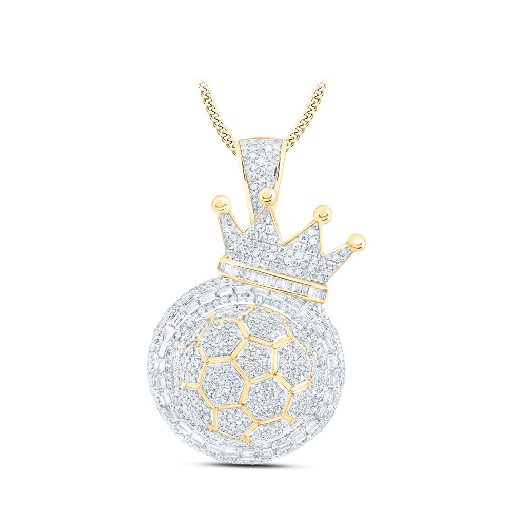 10K Yellow Gold Mens Round Diamond Soccer Ball Crown Charm Pendant 2-3/4 Cttw