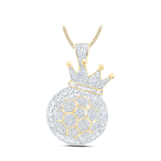 10K Yellow Gold Mens Round Diamond Soccer Ball Crown Charm Pendant 2-3/4 Cttw