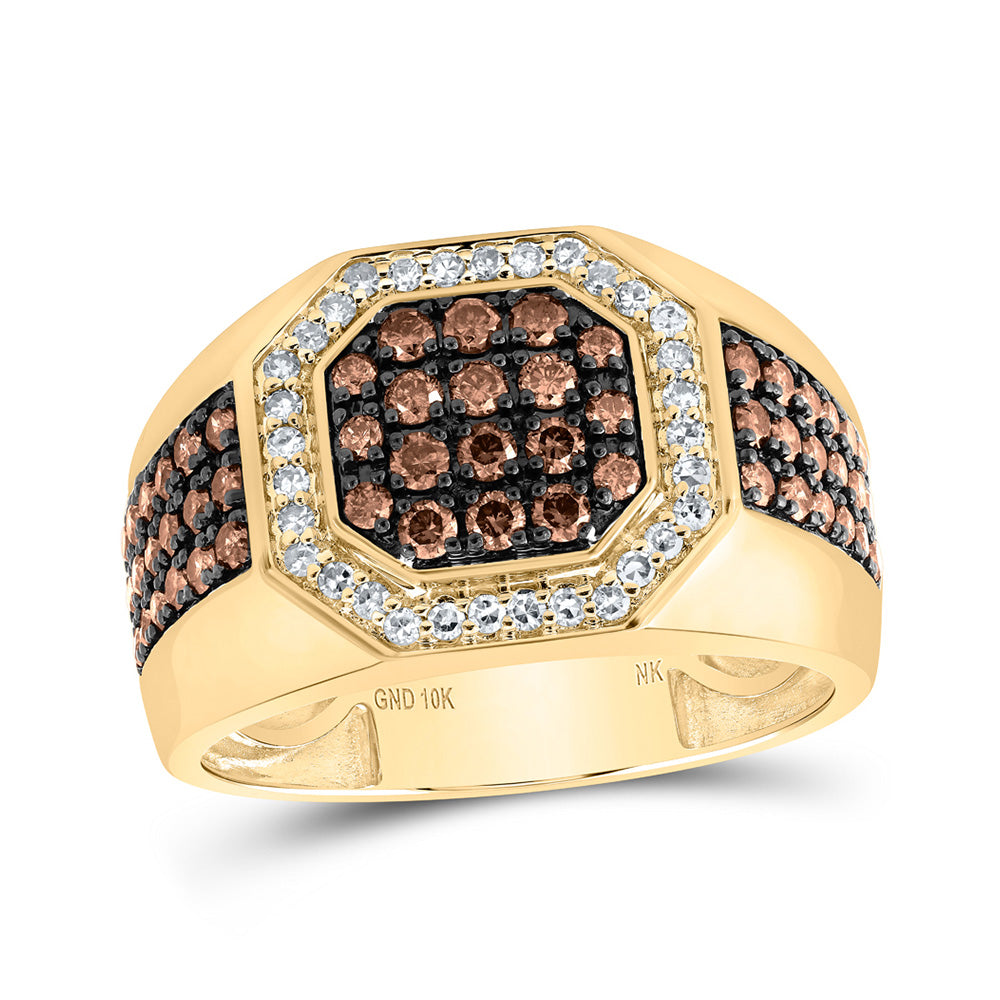 10K Yellow Gold Mens Round Brown Diamond Octagon Ring 1-1/5 Cttw, Mens Size: 7-13