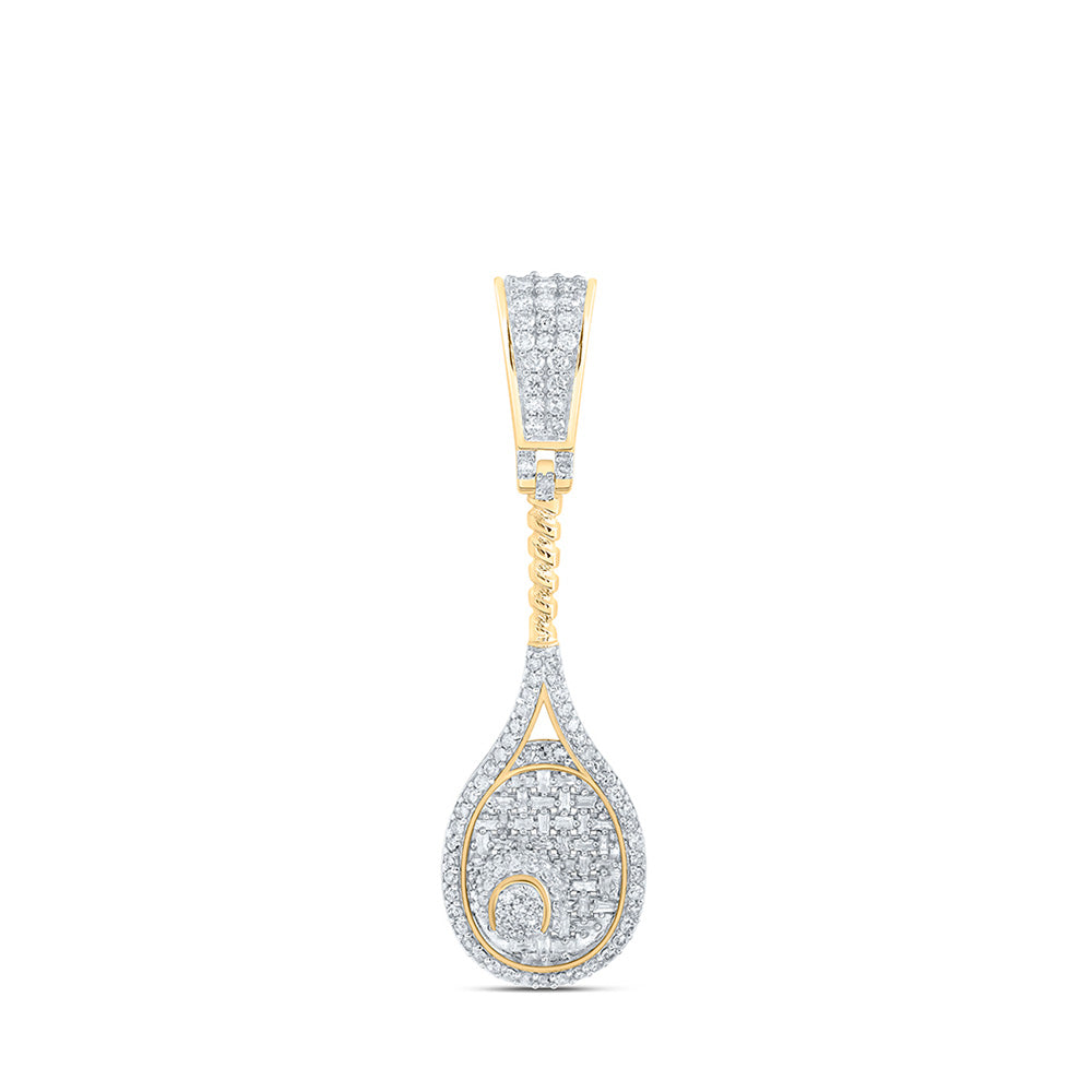 10K Yellow Gold Mens Round Diamond Tennis Racket Sport Charm Pendant 1 Cttw