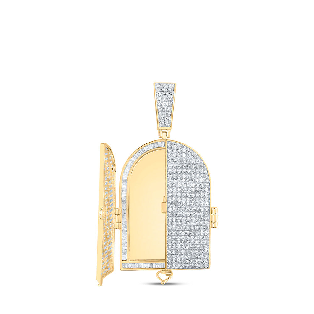 10K Yellow Gold Mens Round Diamond Tomb Doors Memory Charm Pendant 3-3/4 Cttw