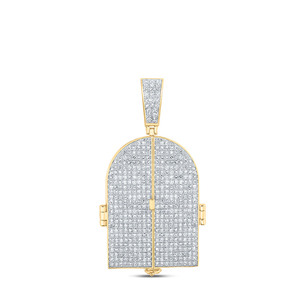 10K Yellow Gold Mens Round Diamond Tomb Doors Memory Charm Pendant 3-3/4 Cttw