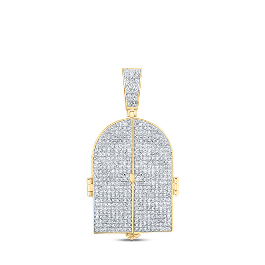 10K Yellow Gold Mens Round Diamond Tomb Doors Memory Charm Pendant 3-3/4 Cttw