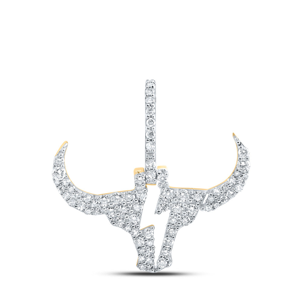 10K Yellow Gold Mens Round Diamond Bull Head Bolt Charm Pendant 1/2 Cttw