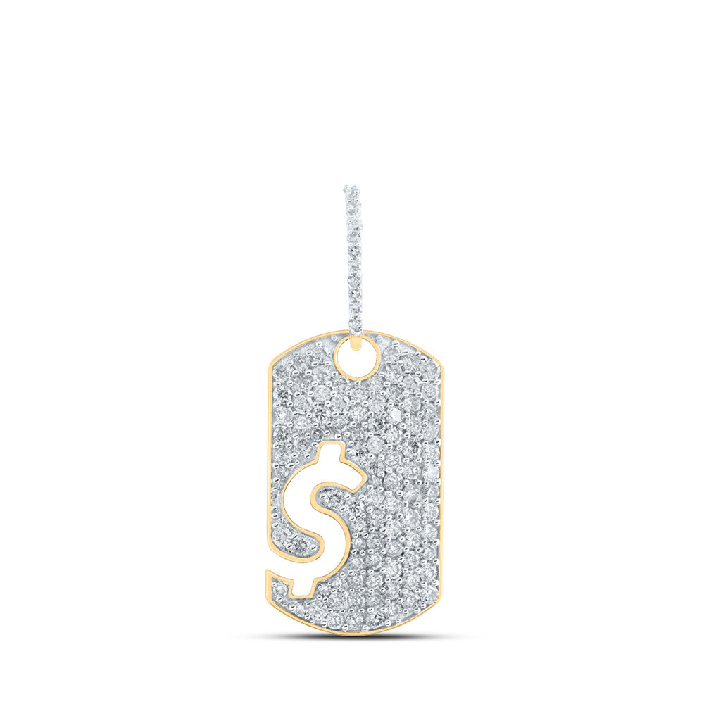 10K Yellow Gold Mens Round Diamond Dogtag Dollar Sign Charm Pendant 1-1/3 Cttw