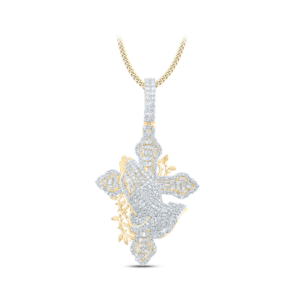 10K Yellow Gold Mens Round Diamond Prayer Hands Cross Charm Pendant 2 Cttw