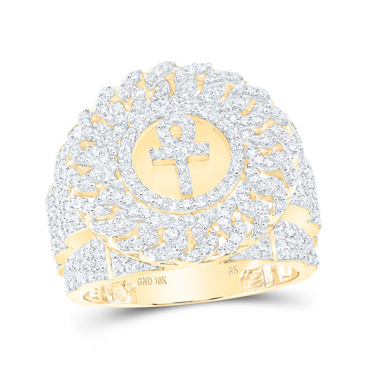 10K Yellow Gold Mens Round Diamond Ankh Circle Cuban Link Ring 2 Cttw, Mens Size: 7-13