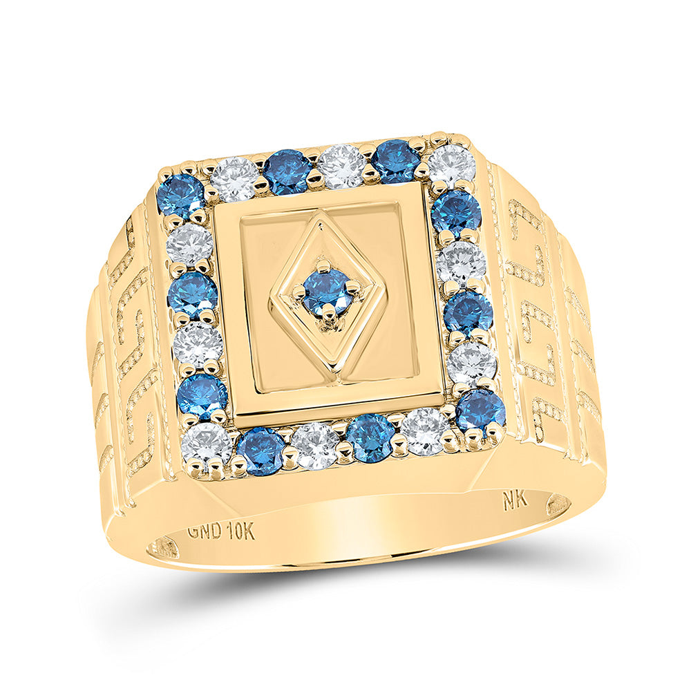 10K Yellow Gold Mens Round Blue Color Treated Diamond Square Ring 1-1/2 Cttw, Mens Size: 7-13