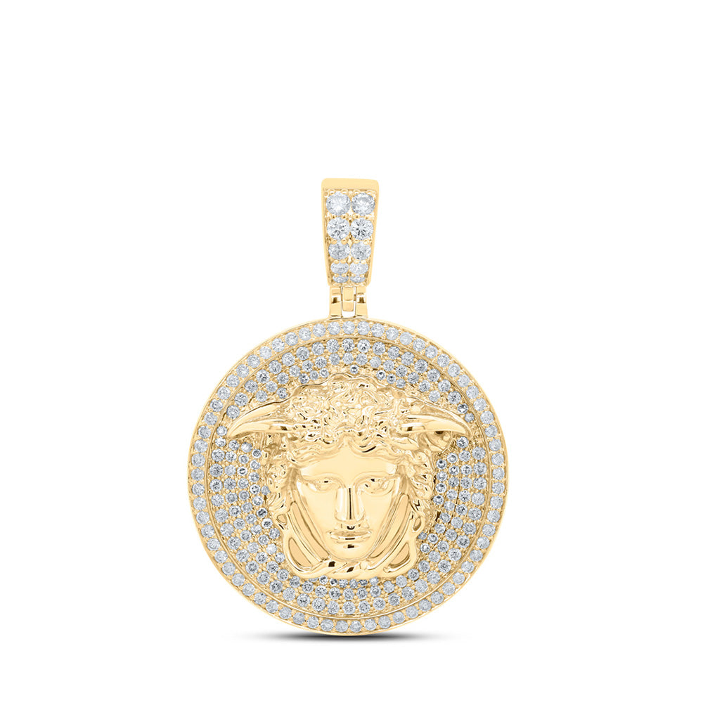 10K Yellow Gold Mens Round Diamond Medusa Circle Charm Pendant 2-5/8 Cttw