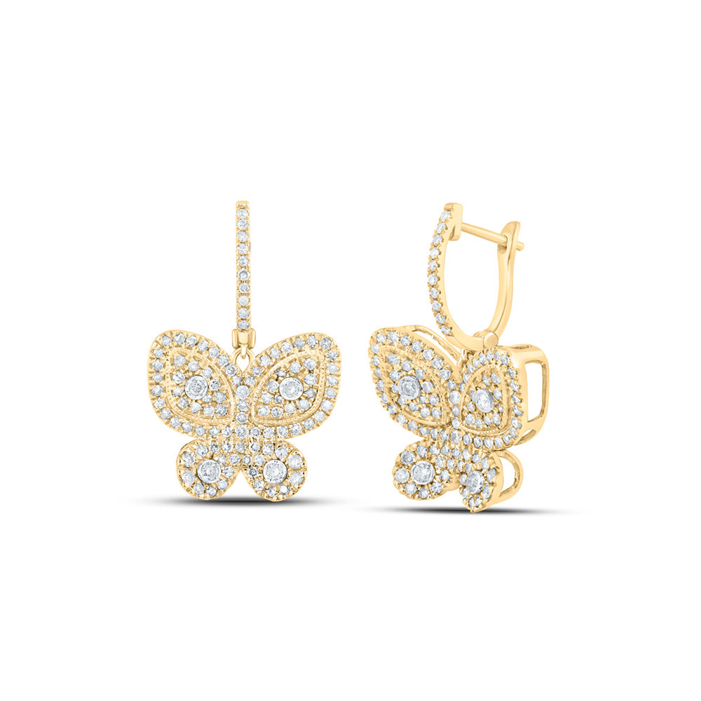 10K Yellow Or White Or Rose Gold Womens Round Diamond Hoop Butterfly Dangle Earrings