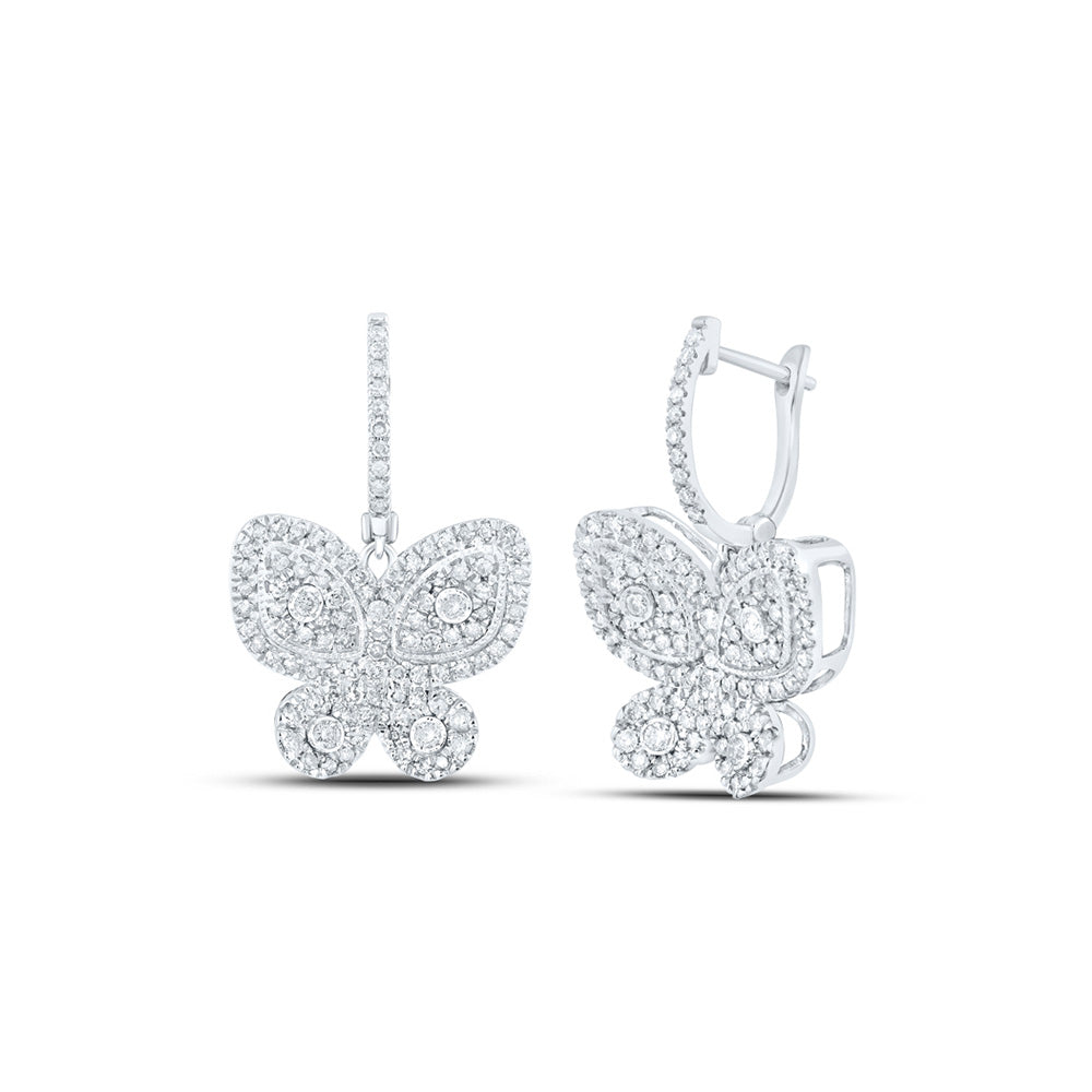 10K Yellow Or White Or Rose Gold Womens Round Diamond Hoop Butterfly Dangle Earrings