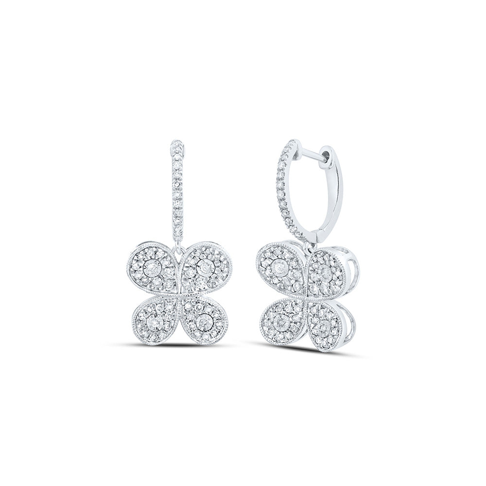 10K White Or Rose Gold Womens Round Diamond Butterfly Hoop Dangle Earrings