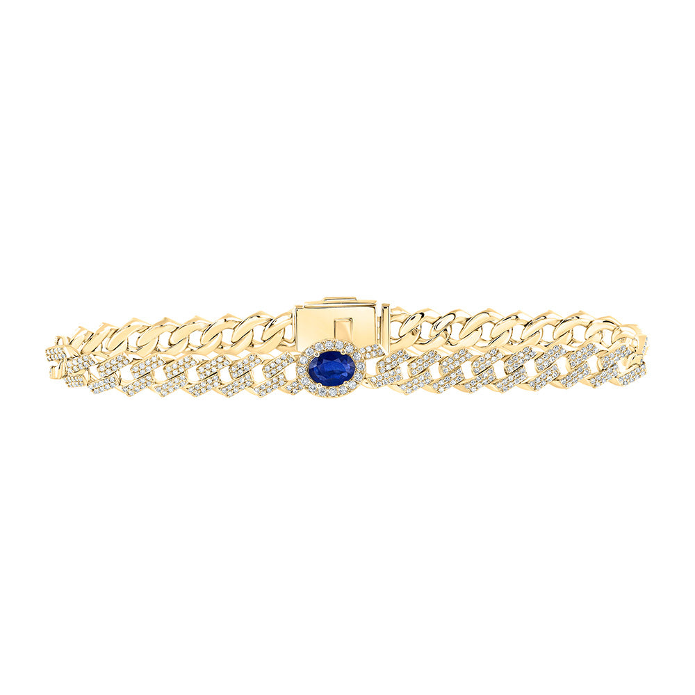 10K Yellow Gold Womens Oval Blue Sapphire Diamond Cuban Link Bracelet 4-1/5 Cttw, Width: 0.31 In