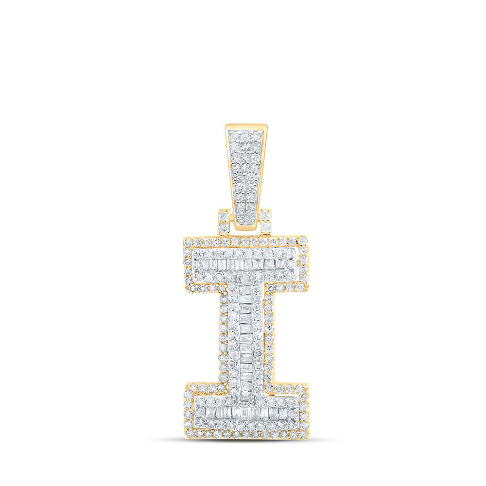 10K Yellow Gold Mens Baguette Diamond I Initial Letter Charm Pendant 5/8 Cttw