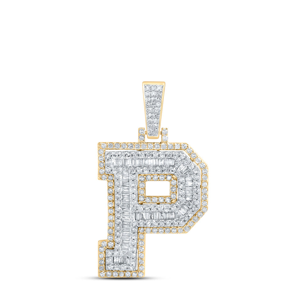 10K Yellow Gold Mens Baguette Diamond Initial Letter Charm Pendant