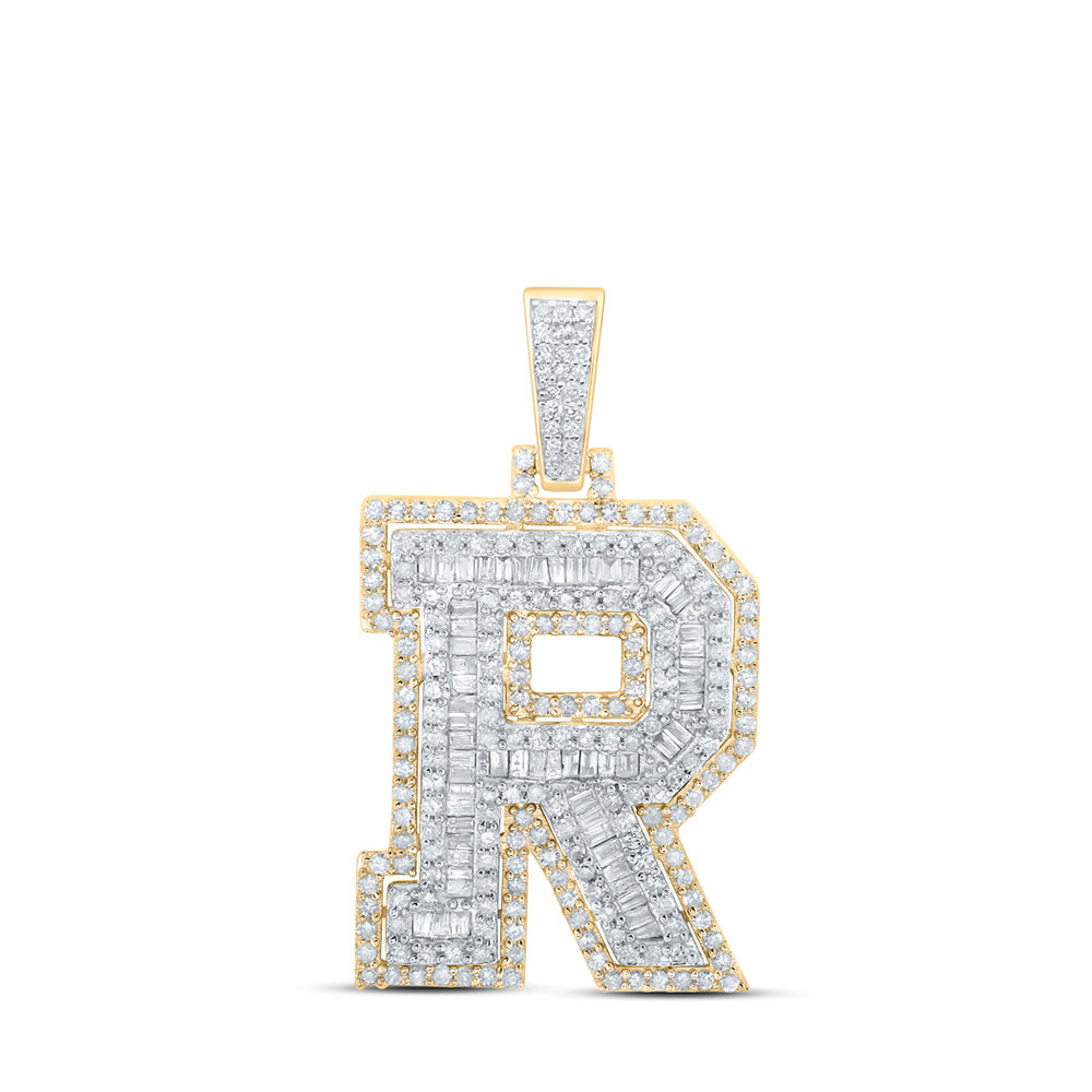 10K Yellow Gold Mens Baguette Diamond Initial Letter Charm Pendant