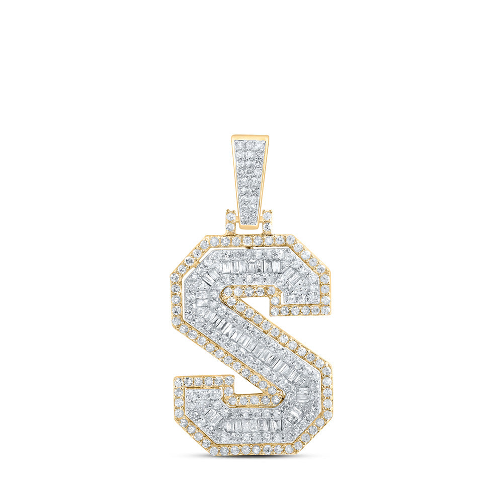 10K Yellow Gold Mens Baguette Diamond Initial Letter Charm Pendant